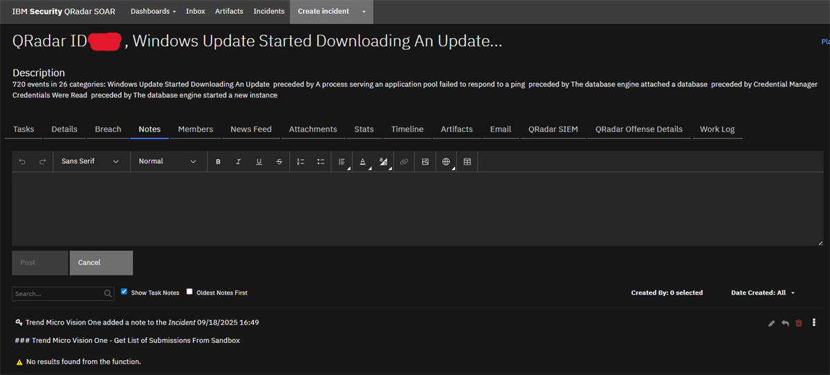 Output in Notes tab after running the playbook